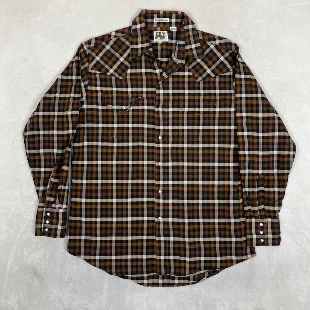 Ely Cattleman Shirt Mens Large Brown Plaid Long Sleeve Western Pearl Snap